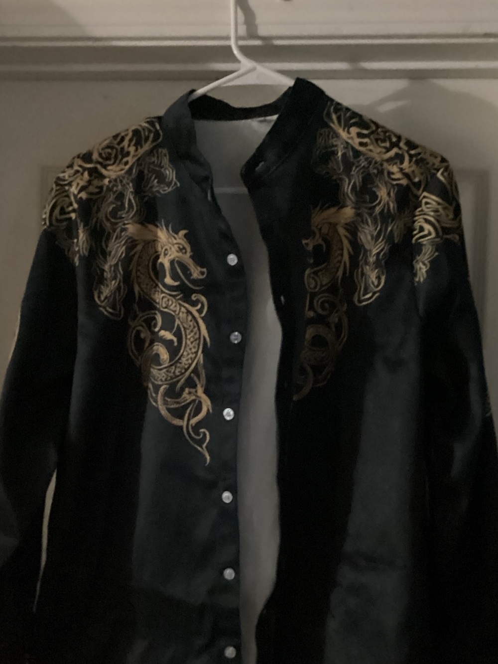 Embroidered Dragon Satin Bomber Techwear - Black/Gold